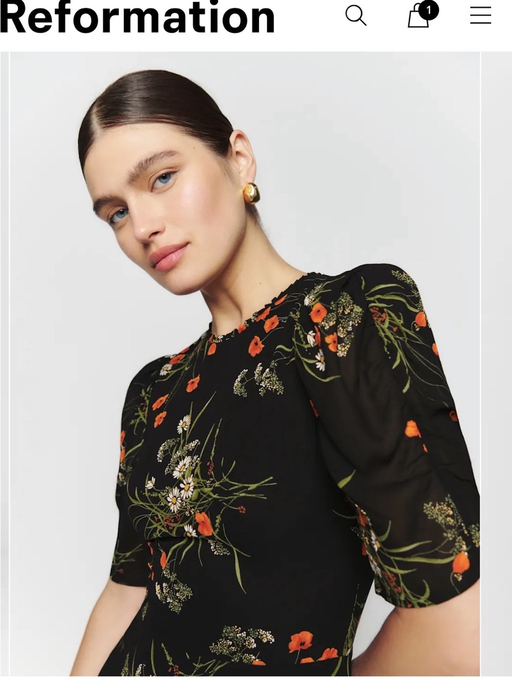 Reformation Black Floral Midi Dress with Orange and Green Print - Picture 2 of 7